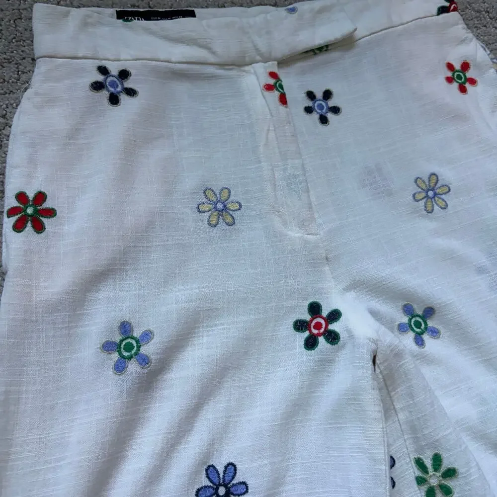 Zara White Wide-Leg Linen Pants with Multicolor Floral Embroidery